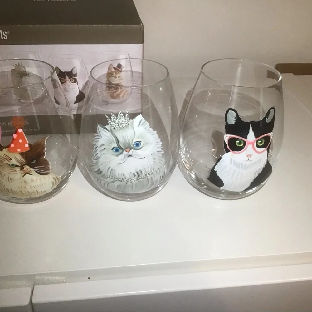 NEW Pier 1 Stemless Wine Glasses Assorted Fancy Party Cats Set Of 4 Discontinued - Picture 3 of 4
